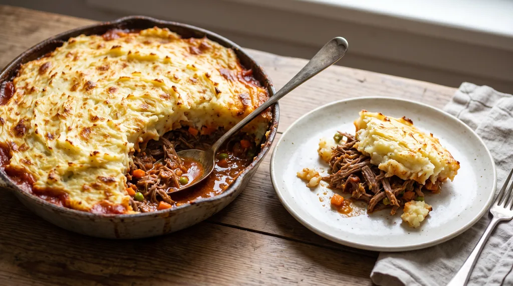 Receita de Torta Rústica de Carne Desfiada Coberta com Purê Dourado Gratinado